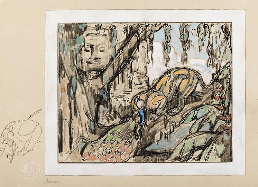 Panthère et paon devant le Bayon, Angkor, c.1920