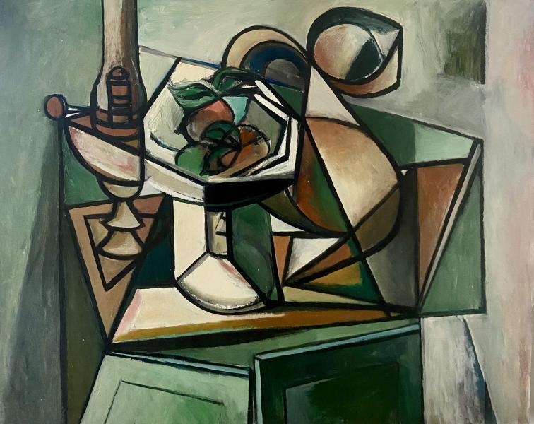 Nature morte, compotier, lampe à huile