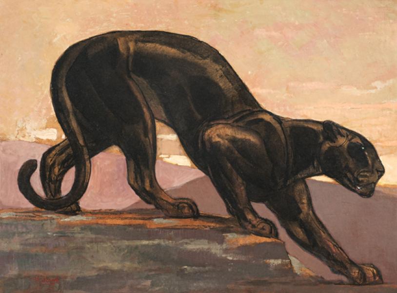 Panthère noire descendant d'un rocher, c.1932